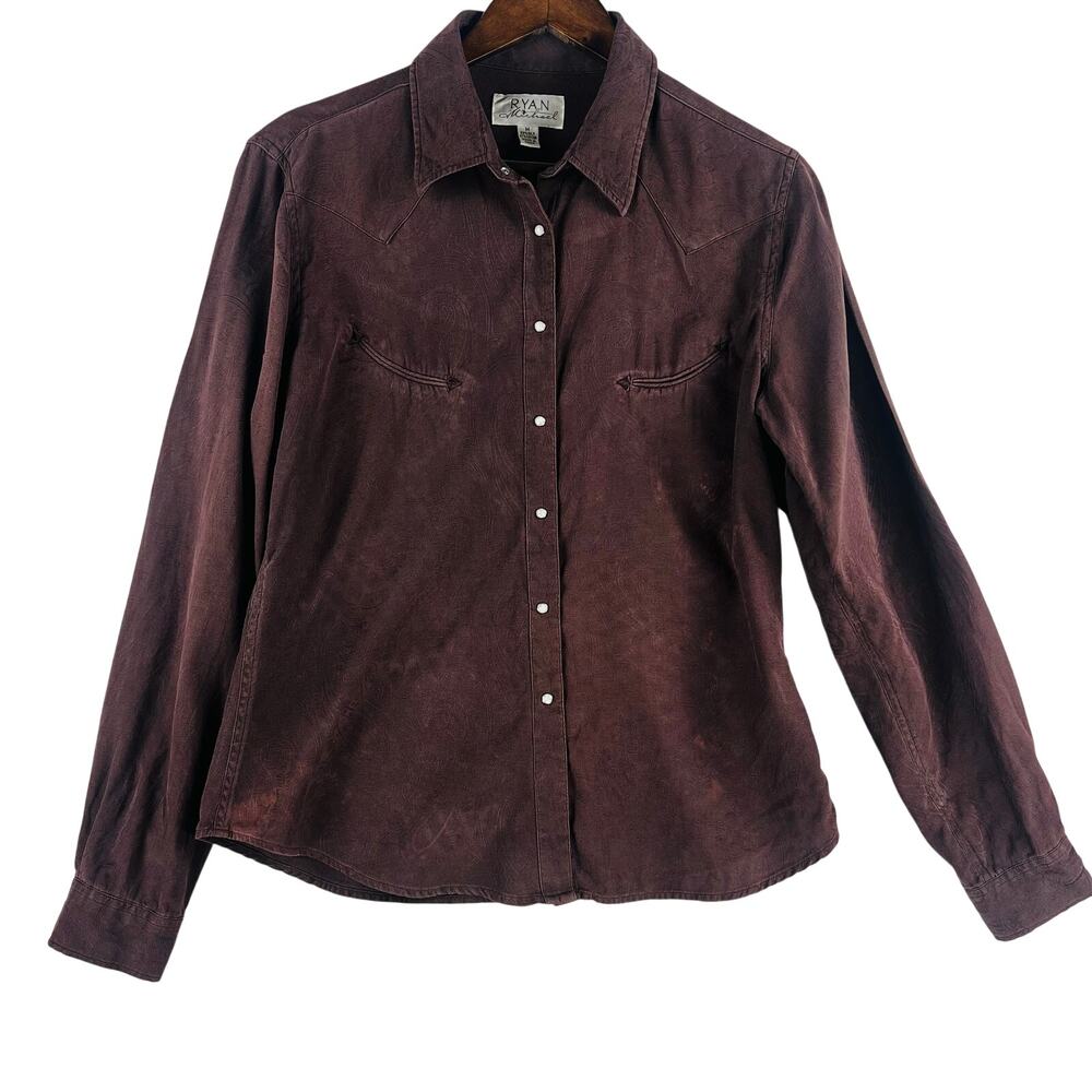 Ryan Michael Women’s Silk/Cotton Brown Embossed Shirt Pearl Snap SZ M Western